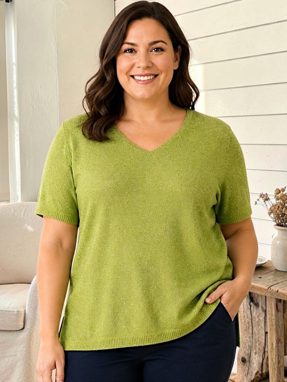 Graver Studio Fine Gauge Sweater Sz 1X Glitter Short Sleeve Chartreuse Shimmer